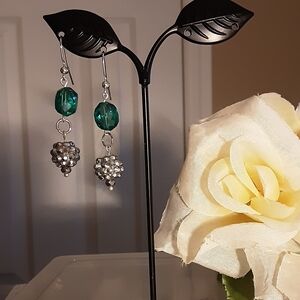 Handmade Crystal Earrings Green Silver